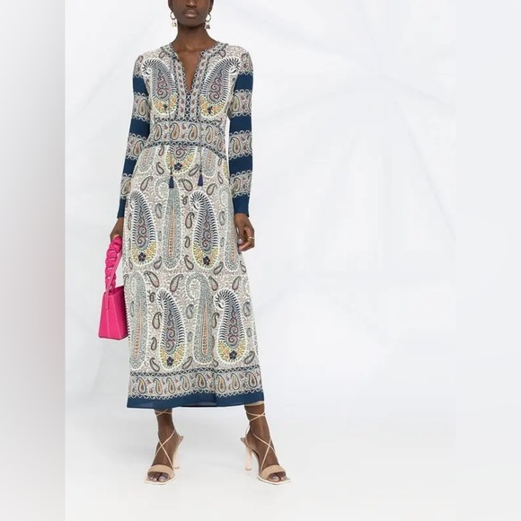 ETRO Mosaic Paisley White and Navy Print Tassel Long Sleeve Maxi Boho Dress - Picture 15 of 17